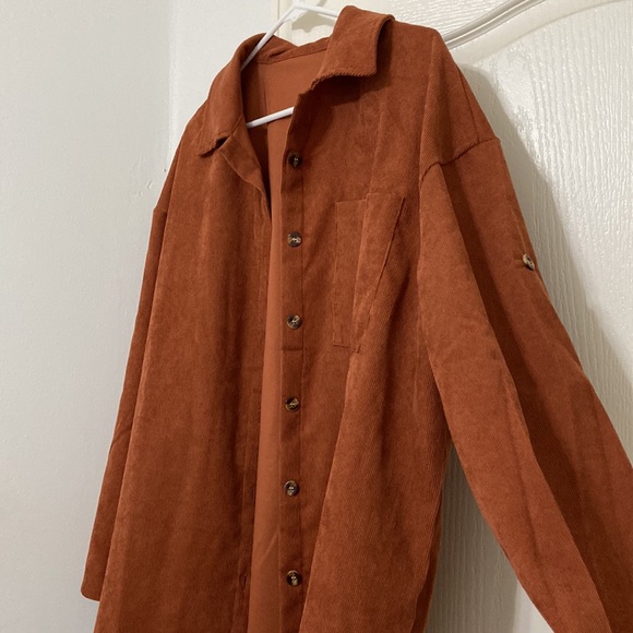 SHEIN Rust Brown Oversized Corduroy Roll-Up Sleeve Blouse - Picture 4 of 6